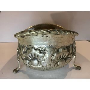 Antique hammered silver embossed bowl Repousse footed 11”x 7